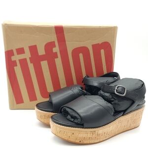 FitFlop Eloise Wedge Sandals Women's Black Leather Cork-Wrap Back-Strap Size 10